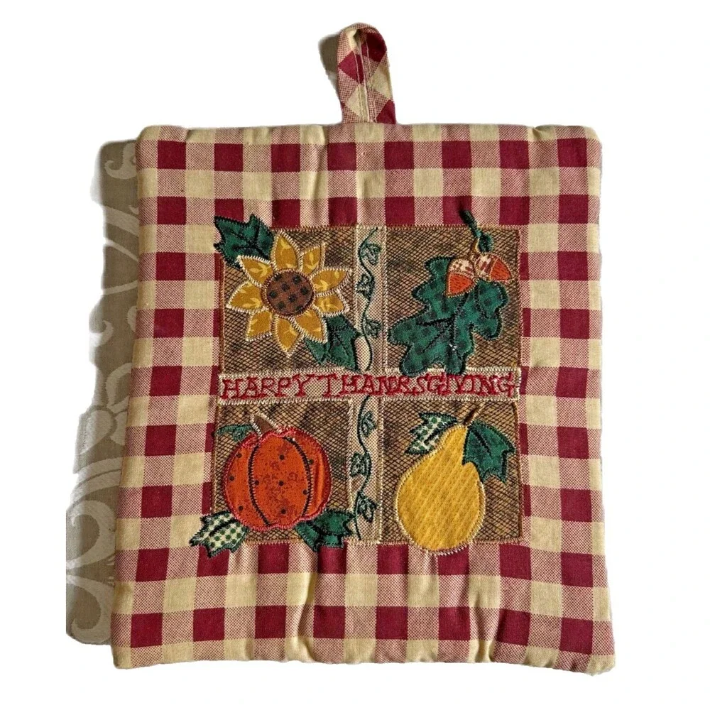 Table Runner Pot Holder Set Happy Thanksgiving Botanical Buffalo Check Maroon